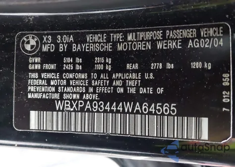 2004 BMW X3 3.0I from USA, damaged, VIN WBXPA93444WA64565